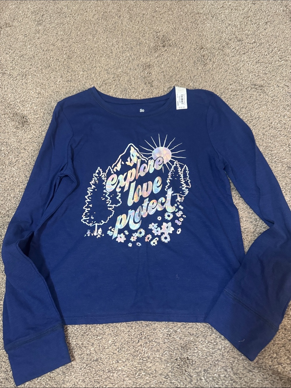 NWT So Girls' Blue "Explore Love Protect" Graphic Long-Sleeve Tee